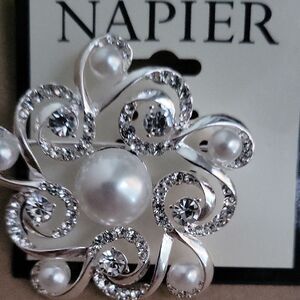 Napier Silver and White Floral Brooch with Pearls